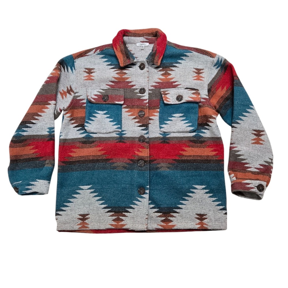 Jodifl Women's Large Aztec Button Up Shacket Shirt Jacket Blue Orange Red Gray